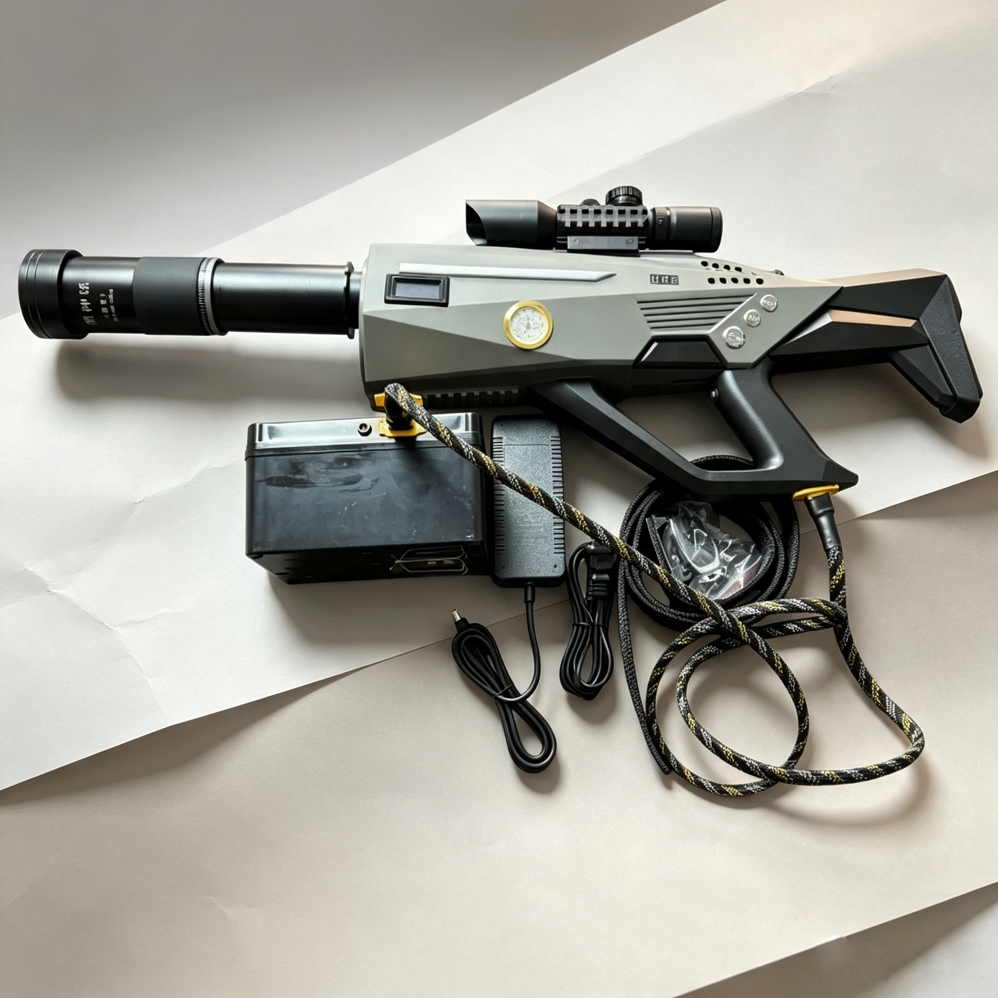 1000-watt handheld laser cannon, range 50–60 meters.